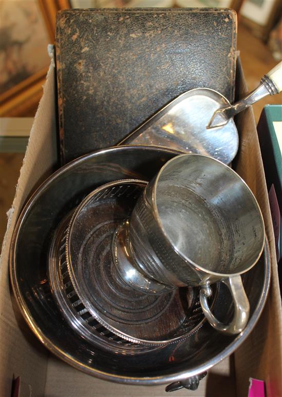 Silver bowl, small Indian bowl and crumb scoop and silver mug